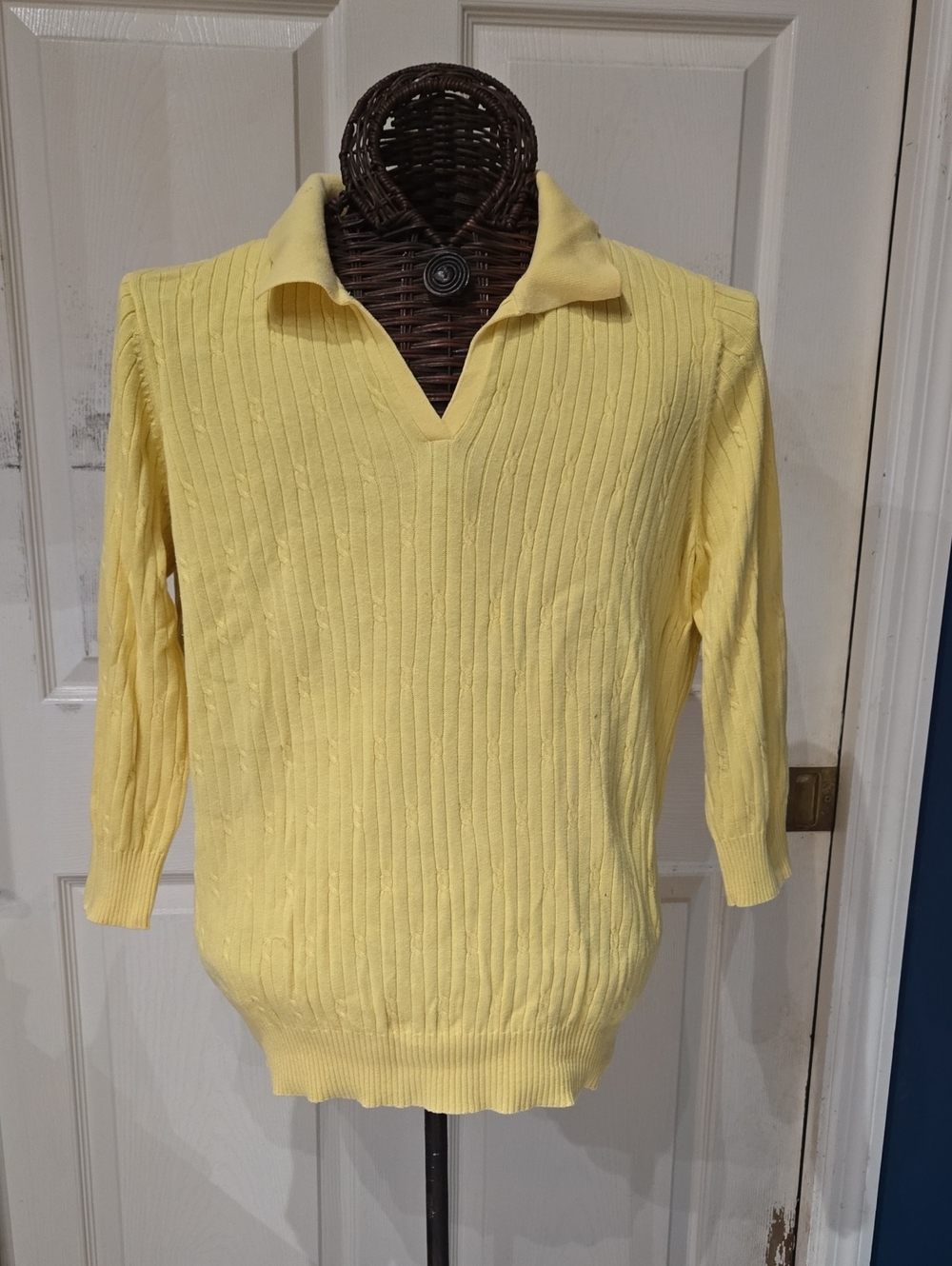 Kim Rogers Yellow V-Neck Collared Cable Knit Sweater-Size L